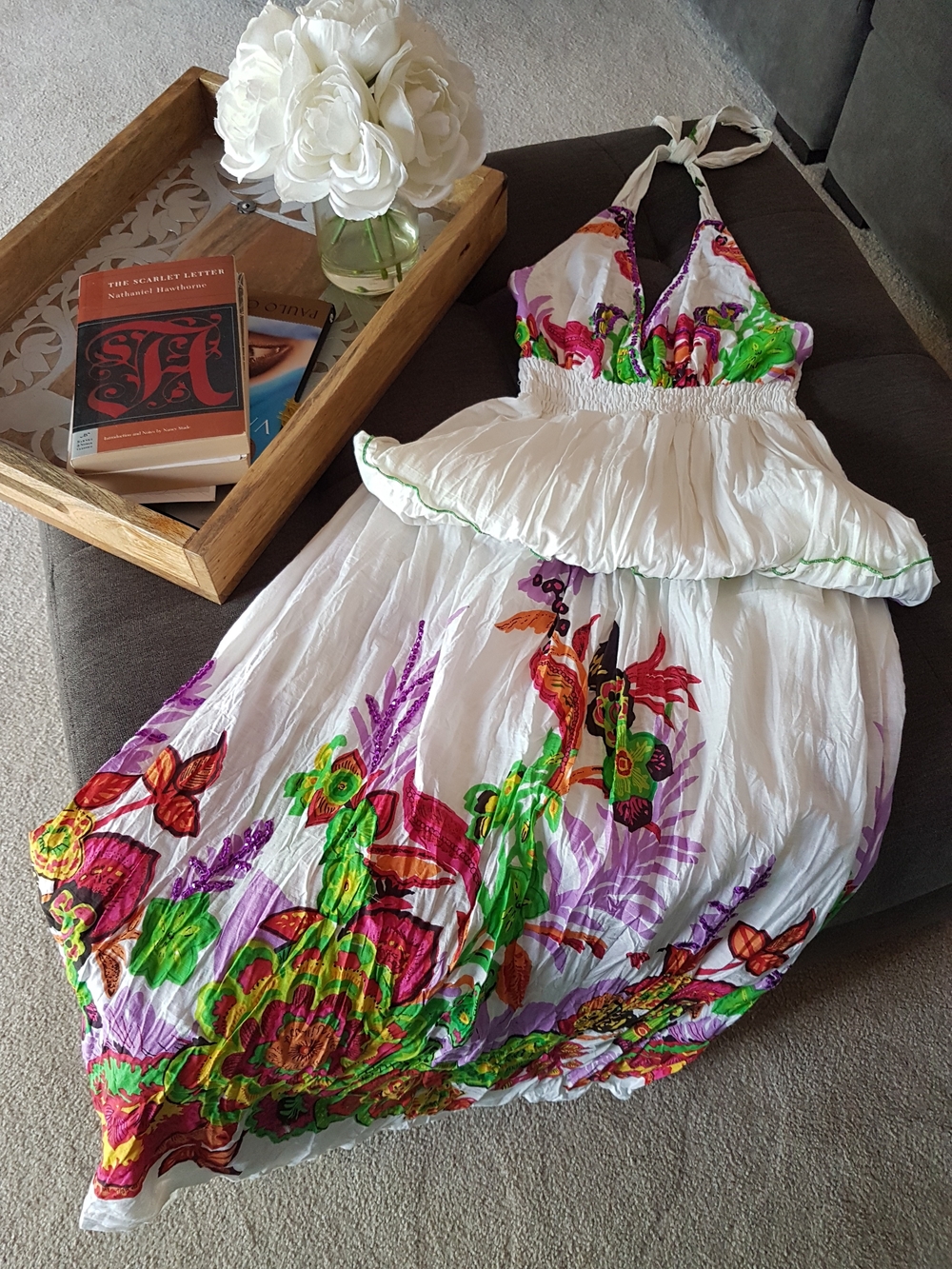 Womens White Floral Maxi Halter Dress with Multicolor Print & Sequins Like NEW